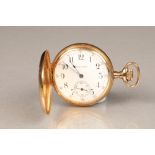 14 carat gold Waltham pocket watch, hunter case with engraved and chased decoration, white dial