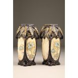 Pair Vienna Art Nouveau vases, dark blue ground, gilt enrichments and decorated with four floral