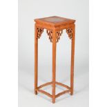 Chinese hardwood jardinière stand, square top, pierced brackets supported on four square legs united