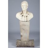 Terracotta bust of Robert Burns, on sandstone column and sandstone plinth.