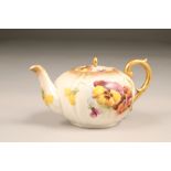 Nautilus porcelain teapot, gilt scroll teapot, hand painted in pansies.