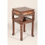 Chinese hardwood jardinière stand, square topped with beaded edge, carved and pierced foliage apron,