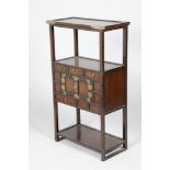 Korean cabinet, open shelf above three short drawers over twin cupboard doors with ornate metal