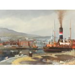John O Young (20th century) Oil on american canvas board, signed 'Irish Coal Boat Docked at Port