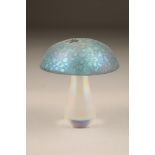 Glasform iridescent glass mushroom, with applied butterfly, signed J Ditchfield and etched Glasform,
