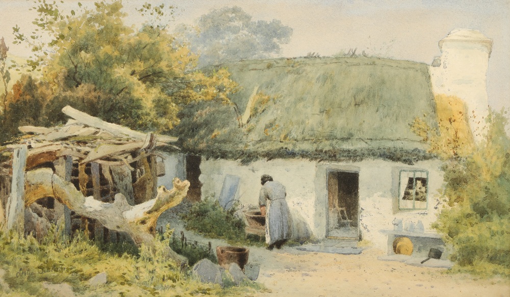 Indistinctly Signed Gilt framed watercolour 'Lady Outside a Country Cottage' 29cm x 49cm