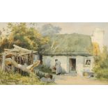Indistinctly Signed Gilt framed watercolour 'Lady Outside a Country Cottage' 29cm x 49cm