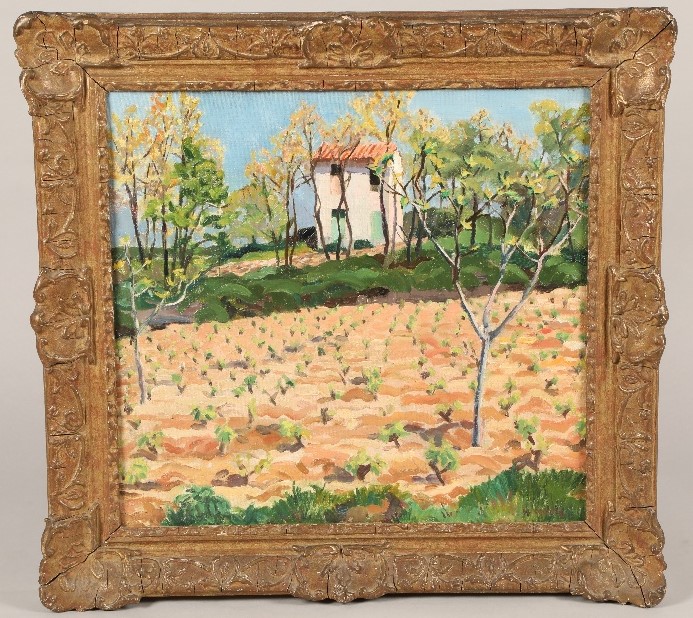 William Crozier ARSA (1897-1930) Gilt framed oil on board, signed 'Grimaud Provence' 42cm x 46cm - Image 2 of 2