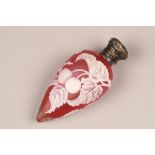 Thomas Webb red cameo glass scent bottle, unmarked white metal top, decorated with berries and