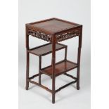 Chinese hardwood jardinière stand, square topped, pierced and carved apron, raised on four legs