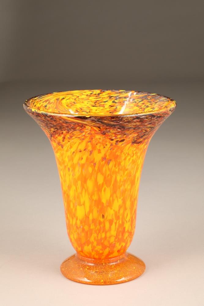 Scottish Monart glass vase, flared form, mottled orange with black rim and gold aventurine, 23cm