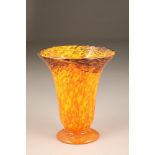 Scottish Monart glass vase, flared form, mottled orange with black rim and gold aventurine, 23cm