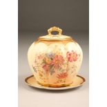 Royal Worcester blush ware jar, cover and fitted plate, with hand painted decoration. Model No 1412,