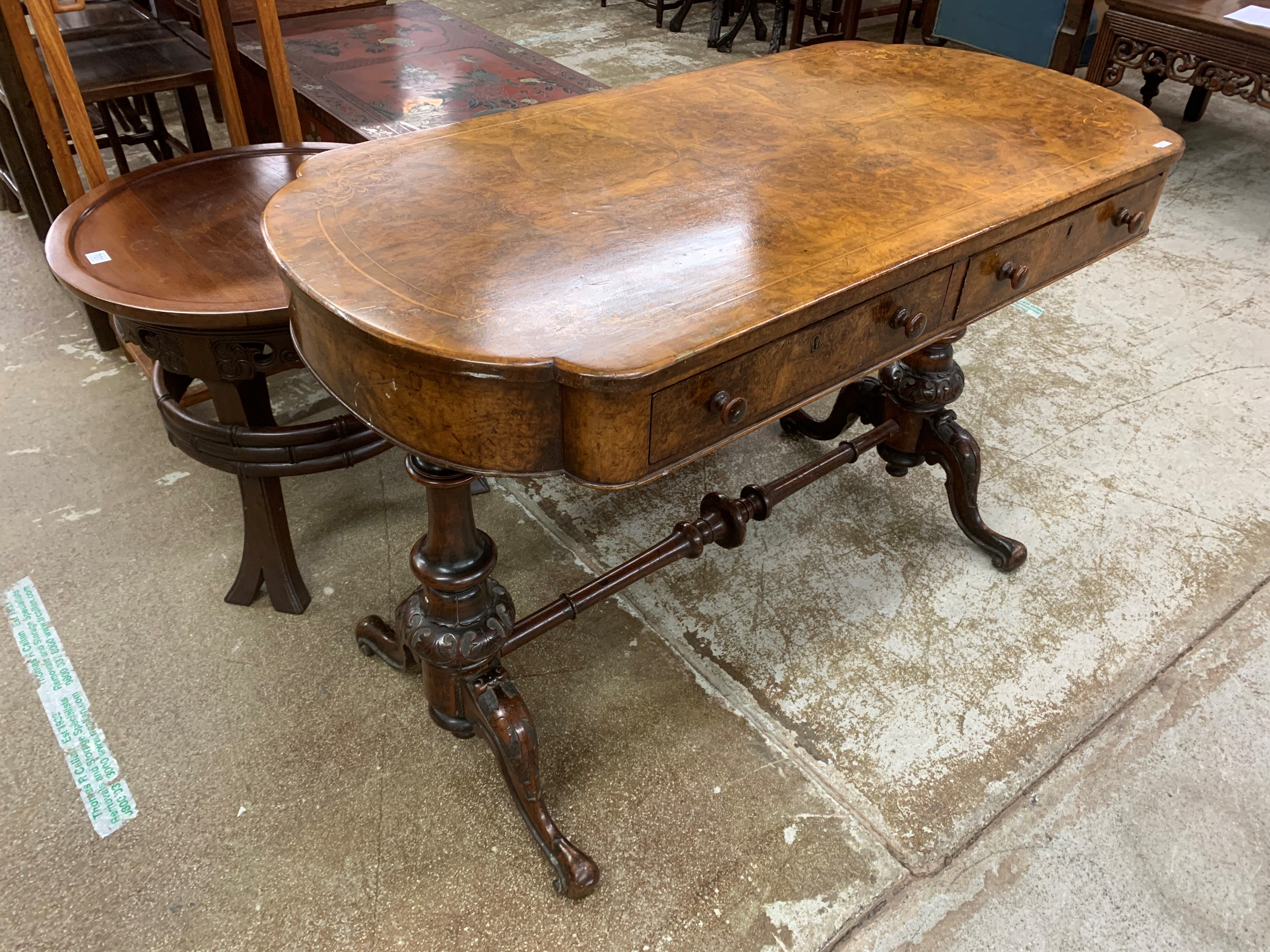 Victorian burr walnut stretcher table, with fitted drawers 107cm long, 52cm wide, 69cm high - Image 4 of 7