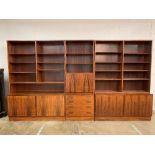 1960s Danish rosewood three piece wall unit, centre piece with open shelves over a fall front