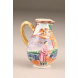 18th/19th century Chinese sparrow beak jug, decorated with figures in garden and river landscape,