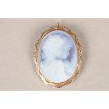 9 carat gold Italian mounted cameo brooch, hand carved young lady's bust with reflection, 48mm x