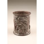 20th century Chinese carved hardwood brush pot, decorated with figures and pine trees in a