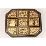 19th/20th century Chinese black lacquer games box, a fitted interior consisting of seven lidded