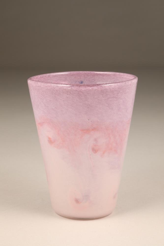 Scottish Vasart glass vase, white, pink and purple swirls, 19cm high.