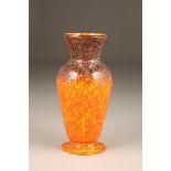 Scottish Monart glass vase, baluster form, mottled orange with black rim and neck with gold