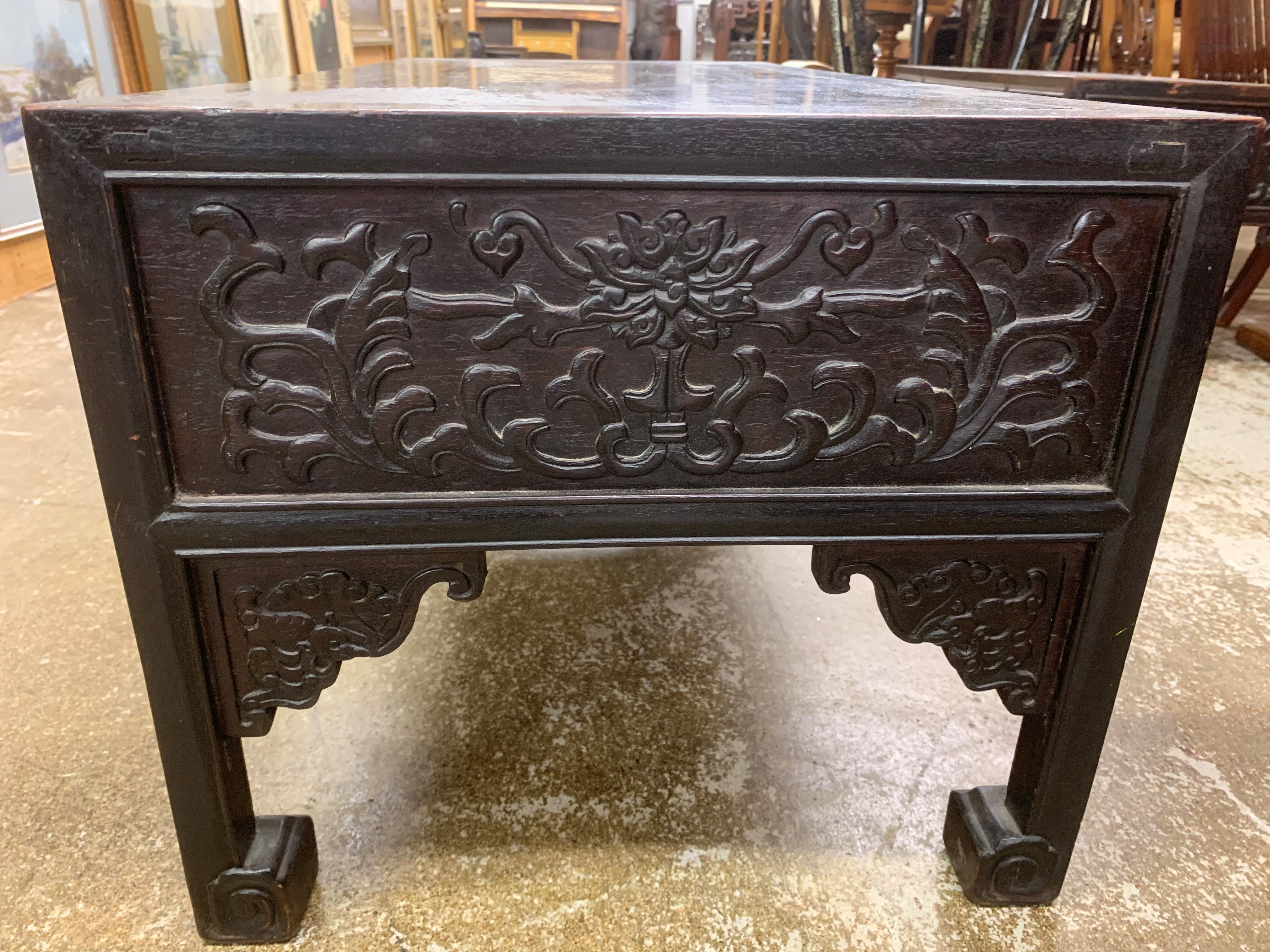 Pair Chinese hardwood low tables, pierced and carved frieze between two single fitted drawers, - Image 12 of 14
