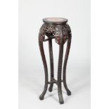 Chinese hardwood jardinière stand, the slender form, circular top, rouge marble insert with beaded