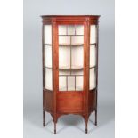 Edwardian inlaid mahogany display cabinet, central glazed door with glass bow shaped sides, raised