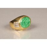 Gents jadeite and diamond ring, unmarked yellow metal mount with inset carved green jadeite stone to