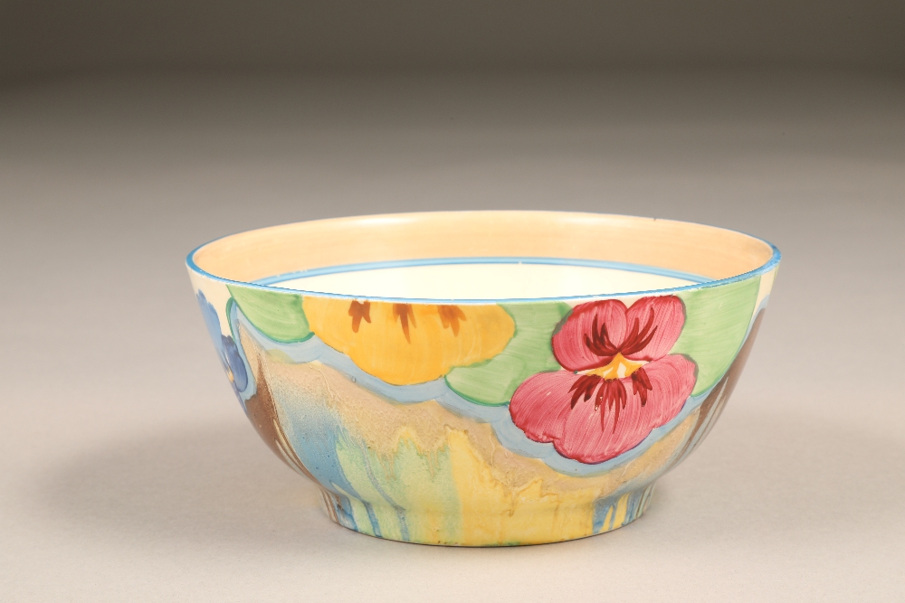 A Clarice Cliff Bizarre Delicia Pansies circular bowl, diameter 16.5cm, 7cm high. - Image 4 of 5