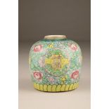 19th century Chinese vase (no cover), green ground decorated with pink and yellow floral decoration,