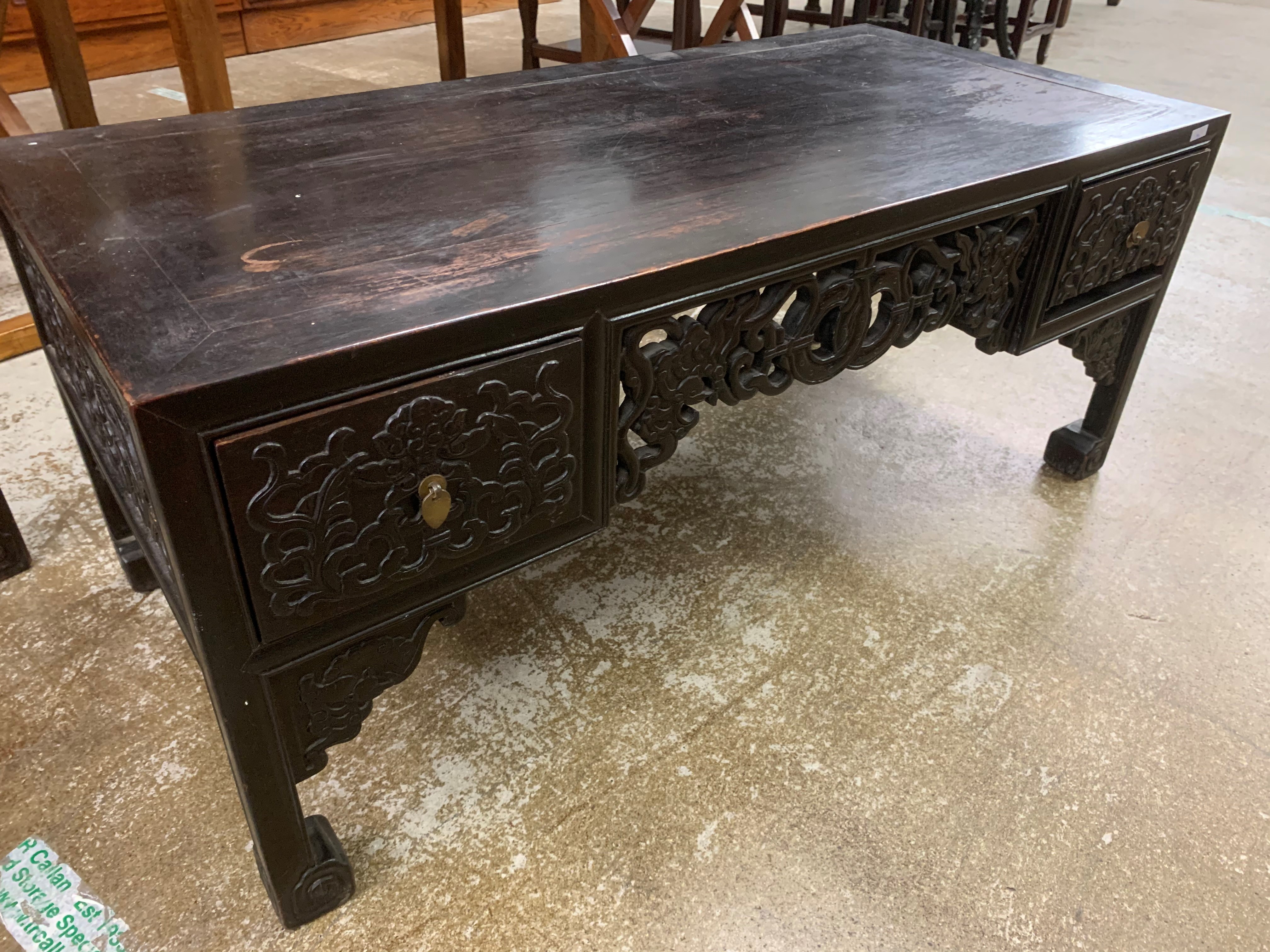 Pair Chinese hardwood low tables, pierced and carved frieze between two single fitted drawers, - Image 11 of 14