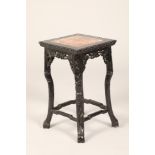 Chinese hardwood jardinière stand, square top, rouge marble insert, beaded edge, carved and