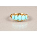 Ladies 18 carat gold ring, set with five graduated turquoise cabochons.