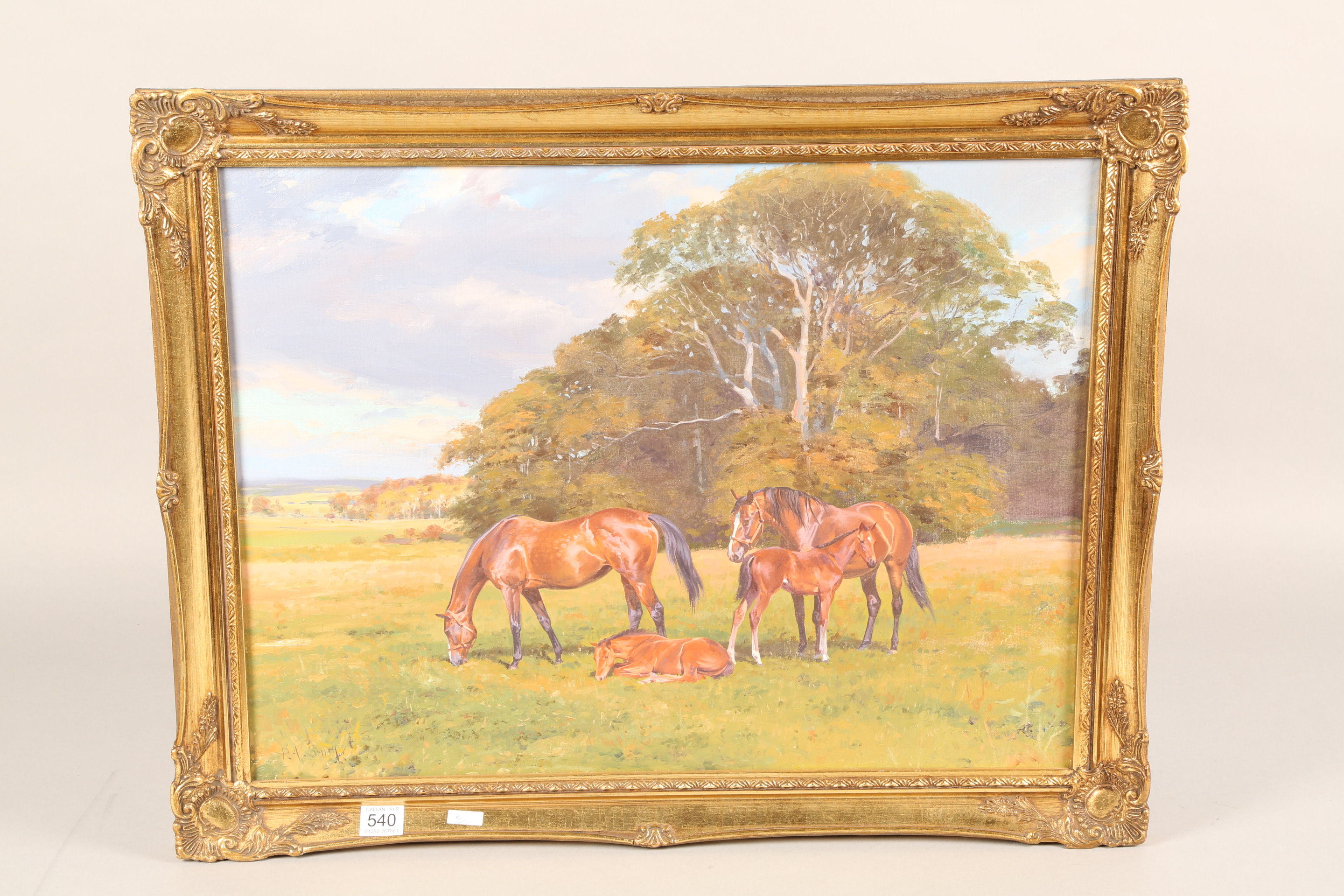 Peter A Smith (Scottish born 1949) ARR Gilt framed oil on canvas 'Two Horses and Two Foals in - Image 2 of 4