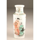 19th/20th century Chinese vase, of rouleau form decorated with figures (drilled hole to base),