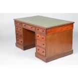 Late Victorian mahogany leather topped desk, three frieze drawers raised on two pedestals each