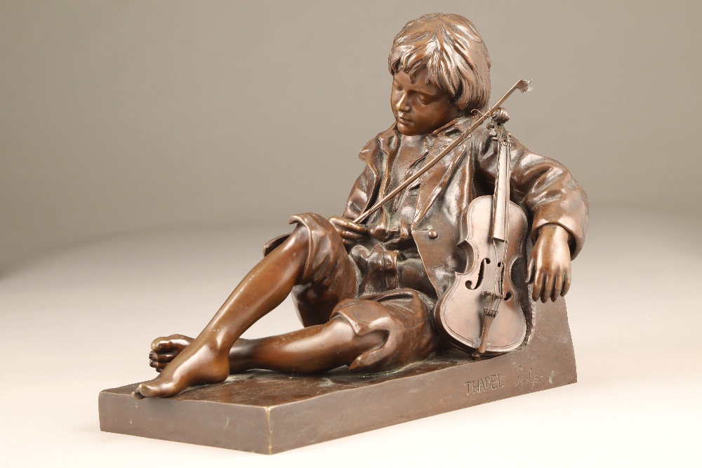 Leon Tharel (French 1858-1902) A bronze figure of a sleeping boy with violin, on an integral