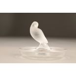 20th century Lalique glass trinket dish, with a central frosted glass dove, signed Lalique France,
