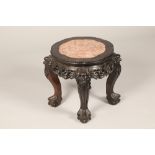 Chinese hardwood jardinière stand, lobed top, rouge marble insert, beaded edge, pierced and carved