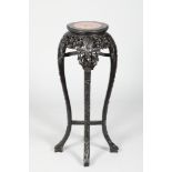 Chinese hardwood jardinière stand, the slender form, circular top, rouge marble insert with beaded