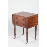 Victorian mahogany work table with twin drop leaves, fold down twin dummy drawer front. Raised on