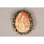 19th century cameo brooch, carved oval cameo of a woman in a garden terrace, set in a unmarked