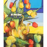 Mary Gallacher (Scottish born 1953) ARR Framed mixed media, signed 'Still life, Tulips and a Tea