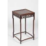 Chinese hardwood jardinière stand, square top, pierced carved apron, raised on four legs, united