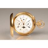 Gents 18 carat gold hunter chiming pocket watch, with white enamel dial and Roman numerals, also