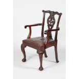 Set of six mahogany chippendale style dining chairs, with drop in seats, two carvers and four