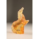 Modern Lalique amber glass horse, horse is designed in a rearing position. Etched mark to base and