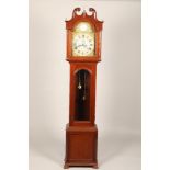 Scottish mahogany long cased clock, brass and silvered dial by J.M. Orr, Saltcoats. 222cm high.