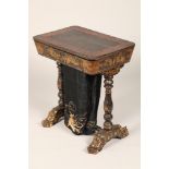 19th century Chinese black lacquer sewing table, with gilt chinoiserie decoration hinged cover